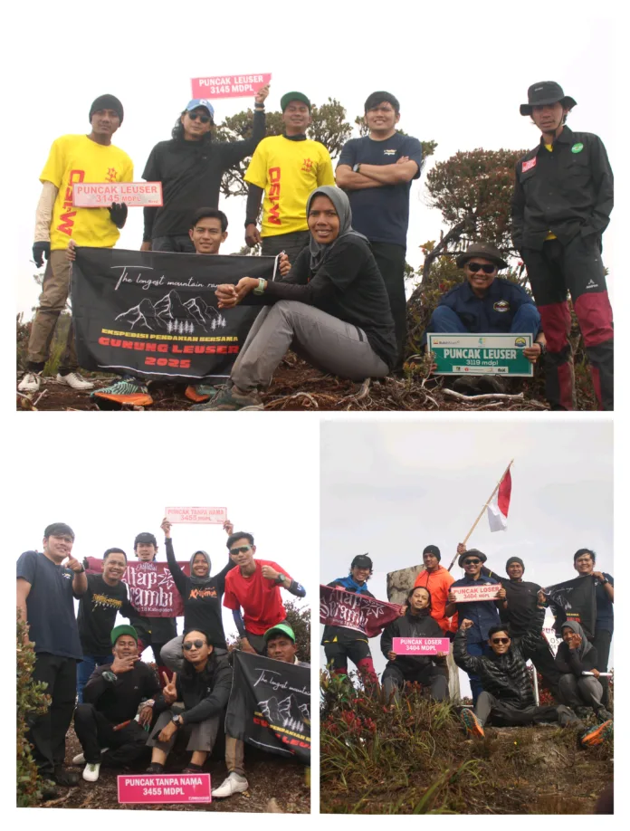 Berfoto bersama di tiga puncak pegunungan Leuser. (foto dok.: Jeri/tim pendakian Leuser)